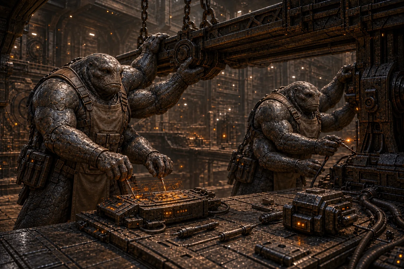 Vierarmige Drexar bei der Strukturarbeit · massiger Körperbau und niedriger Schwerpunkt · Illustrationsentwurf.