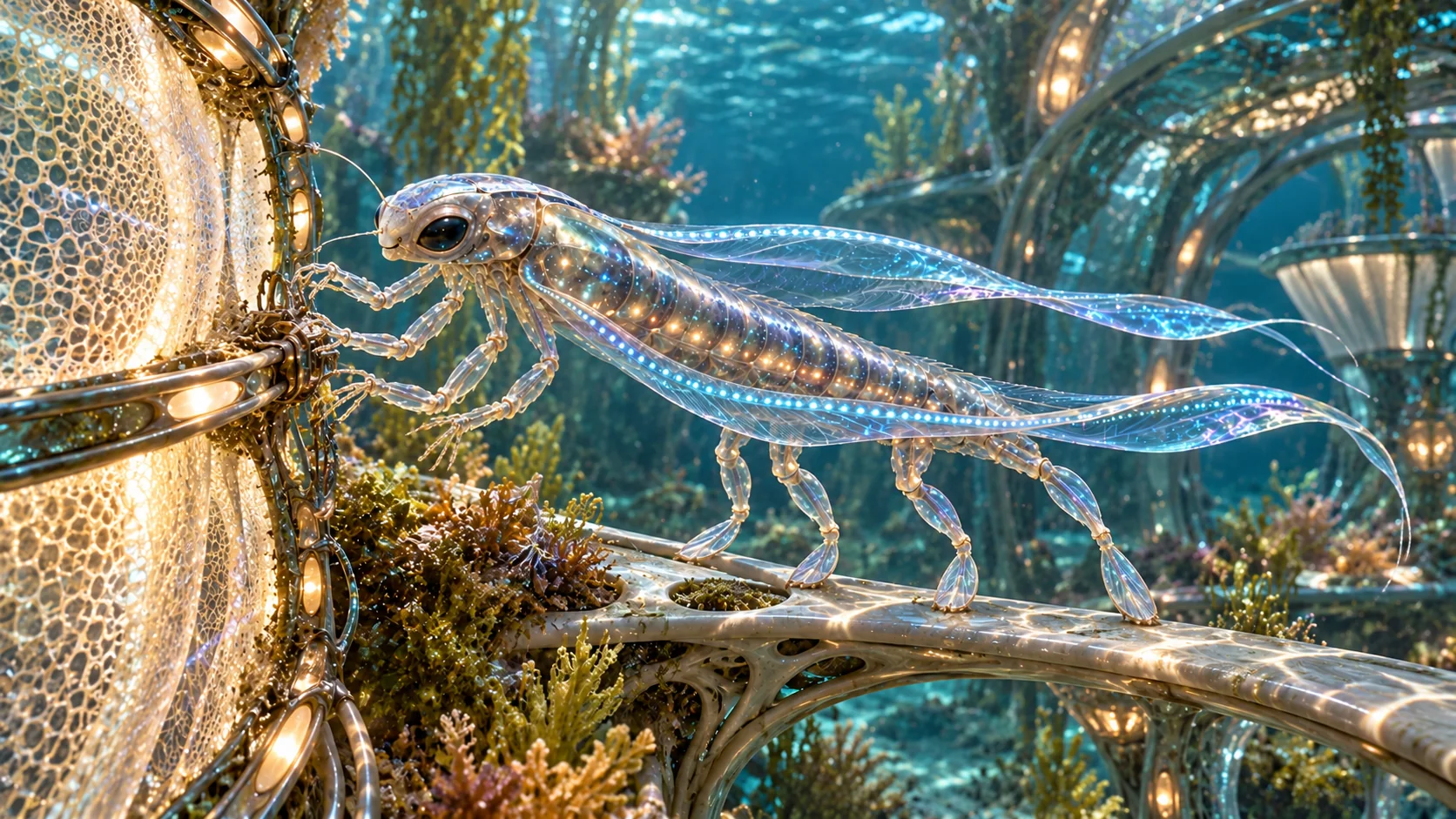Yebari bei der Biofilterpflege im Wasser · vier Arme und vier Schwimmbeine · Illustrationsentwurf.