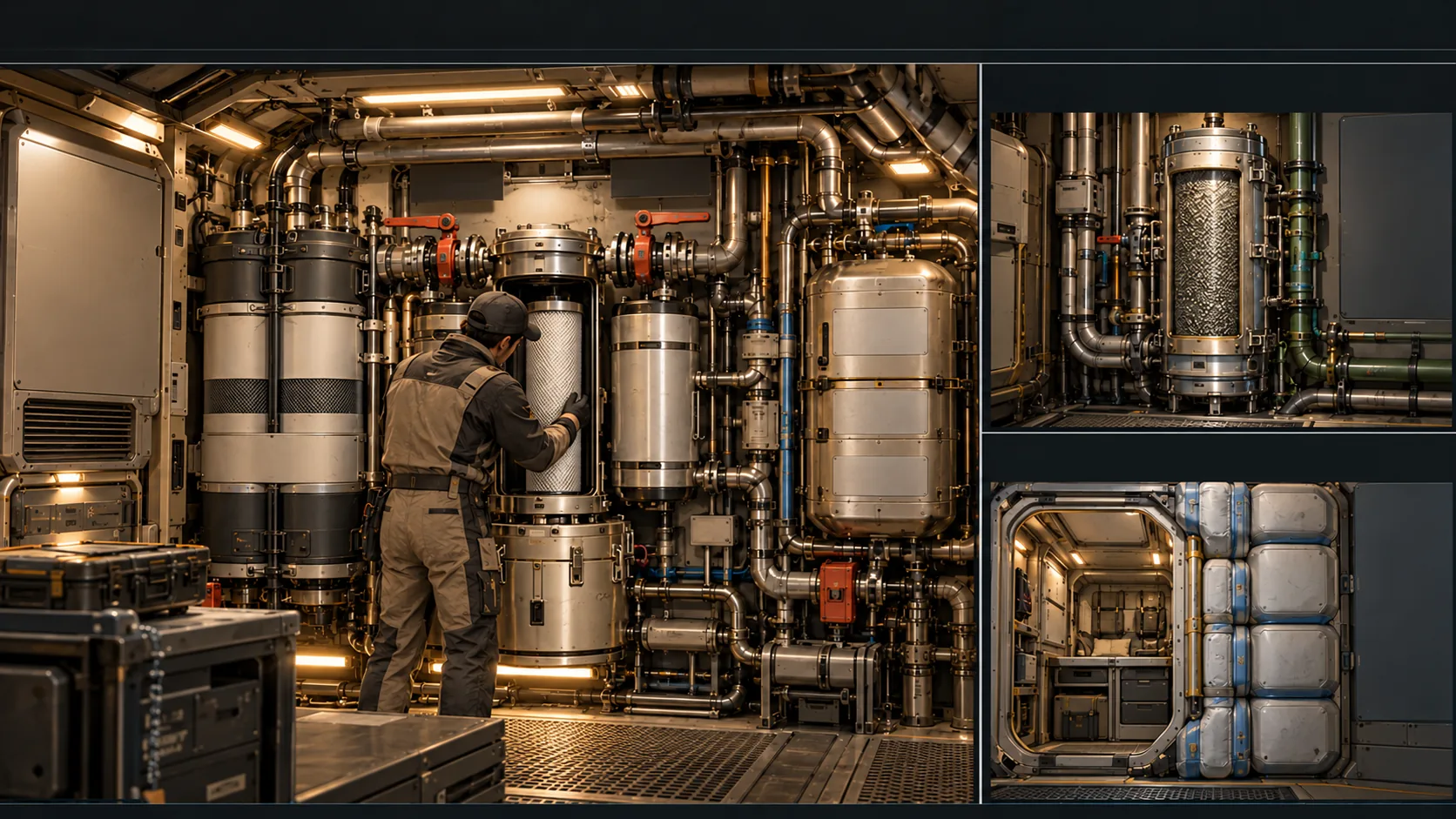Wasser, Luft und Lebenserhaltung · Filterwartung, getrenntes Biofiltermodul und Wasservorrat als Abschirmmasse · Funktionsentwurf ohne garantierte Autarkie oder festgelegten Anlagenplan.