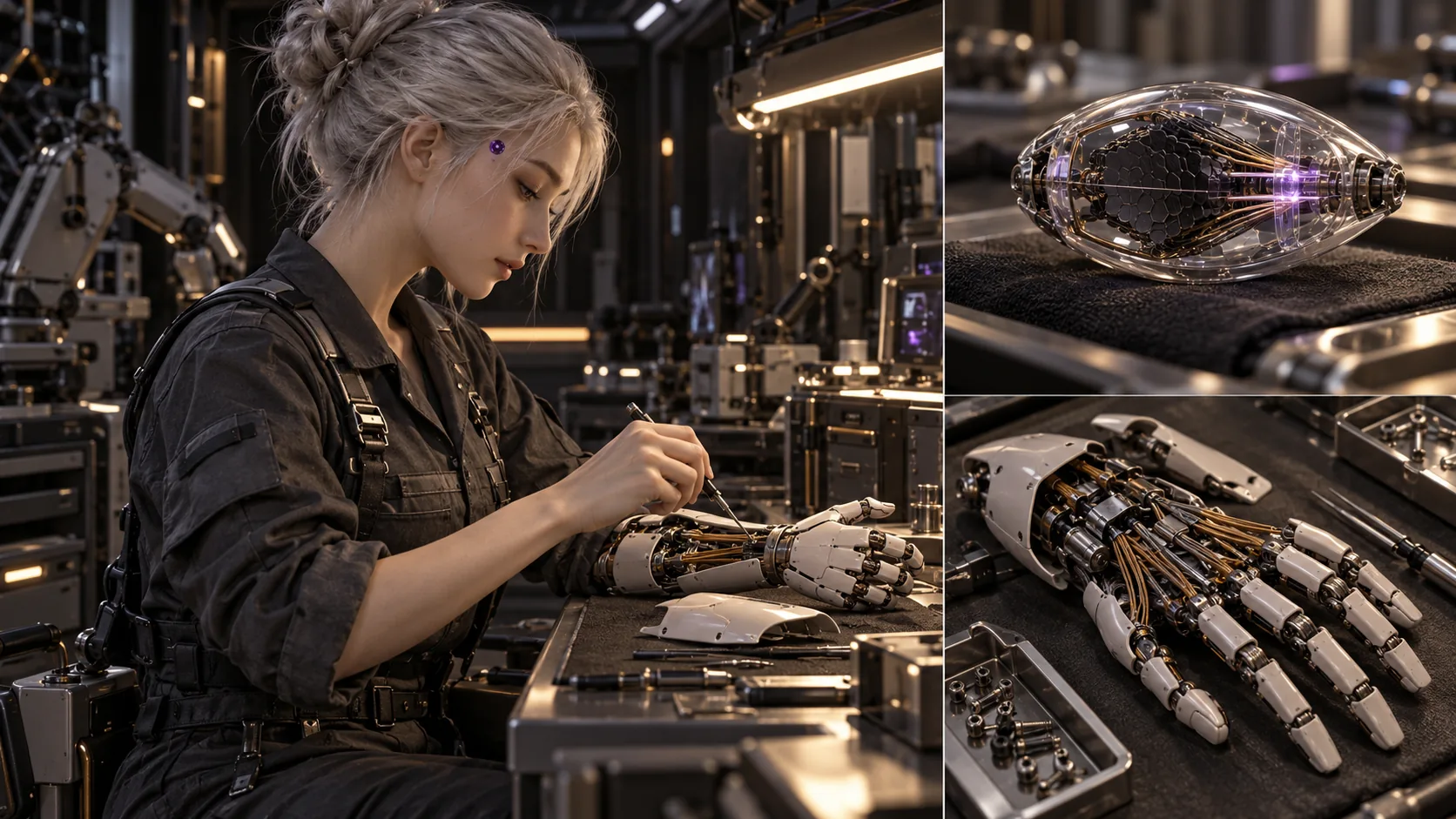Humanoide Robotik · Humanoider Wartungsandroide mit violetter Kennzeichnung an der anatomisch rechten Schläfe, kleiner Roboterkern und künstliche Hand · technische Gestaltungsstudie.
