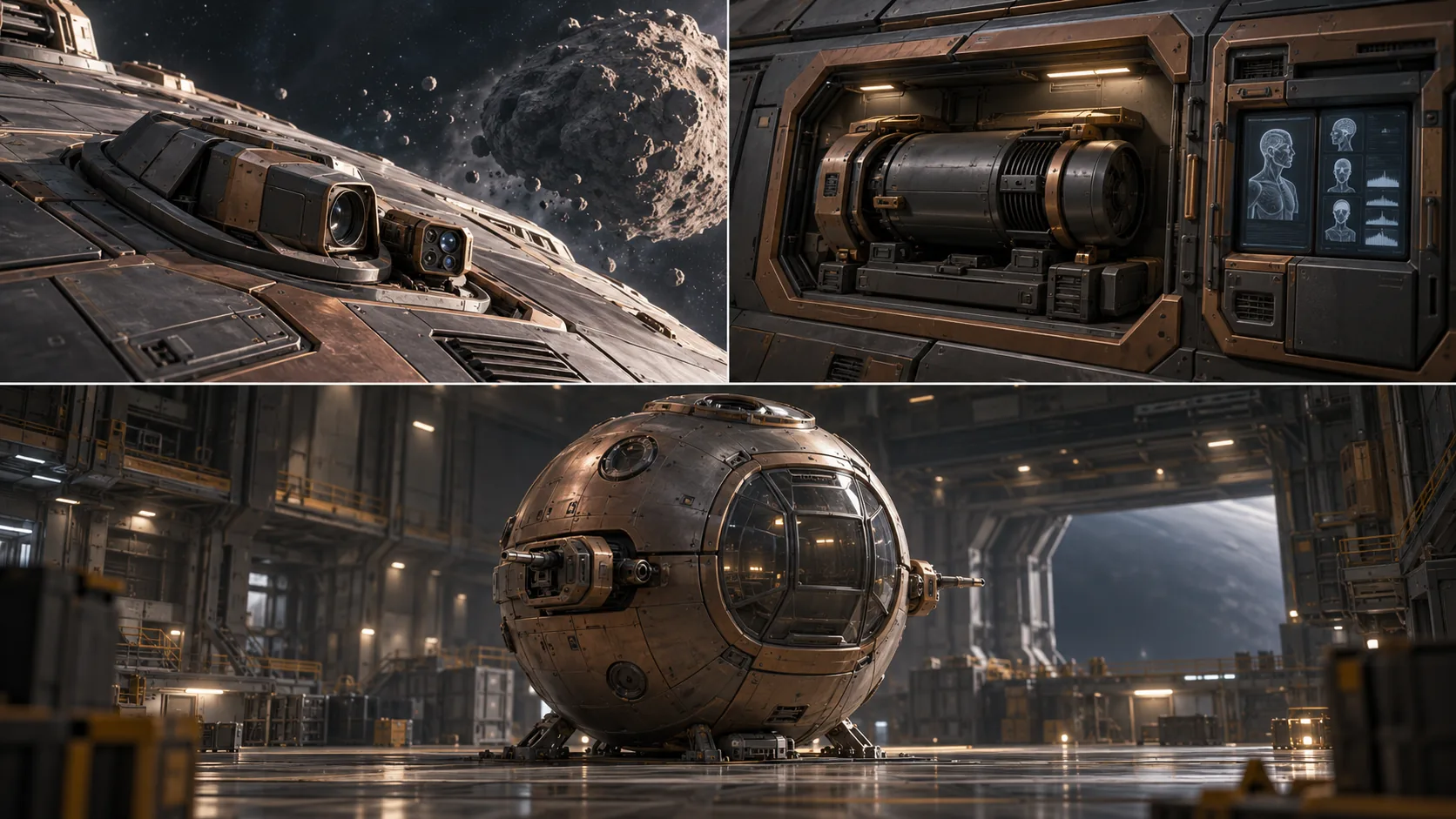 Schiffswaffen und Trümmerabwehr · Schiffsschutz als Bauformstudie: stabiler Asteroid als Wellenpunkt-Ziel, schiffsgebundener neuraler Projektor und kugelförmiges Beiboot mit zwei kleinen Geschützen. Die Anlagegeometrie bleibt Entwurf; kein Kriegsbeiboot.