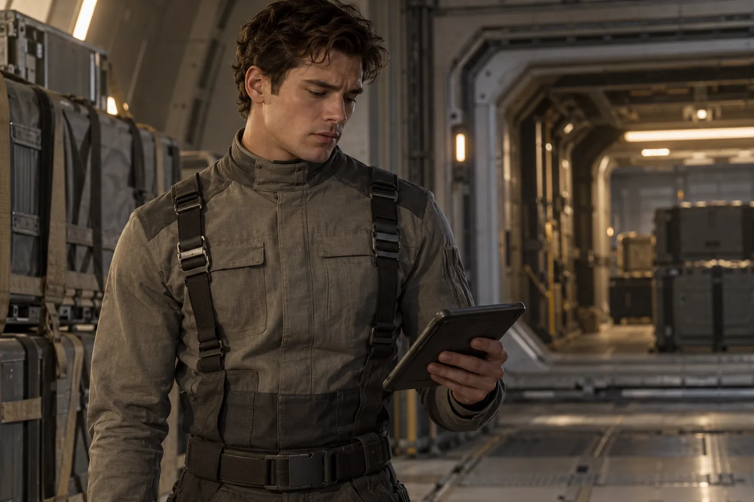 Devran Gann · Devran Gann bei der Befragung vor C-19 · Pad in der linken Hand, geschlossener Uniformkragen. · Castingentwurf