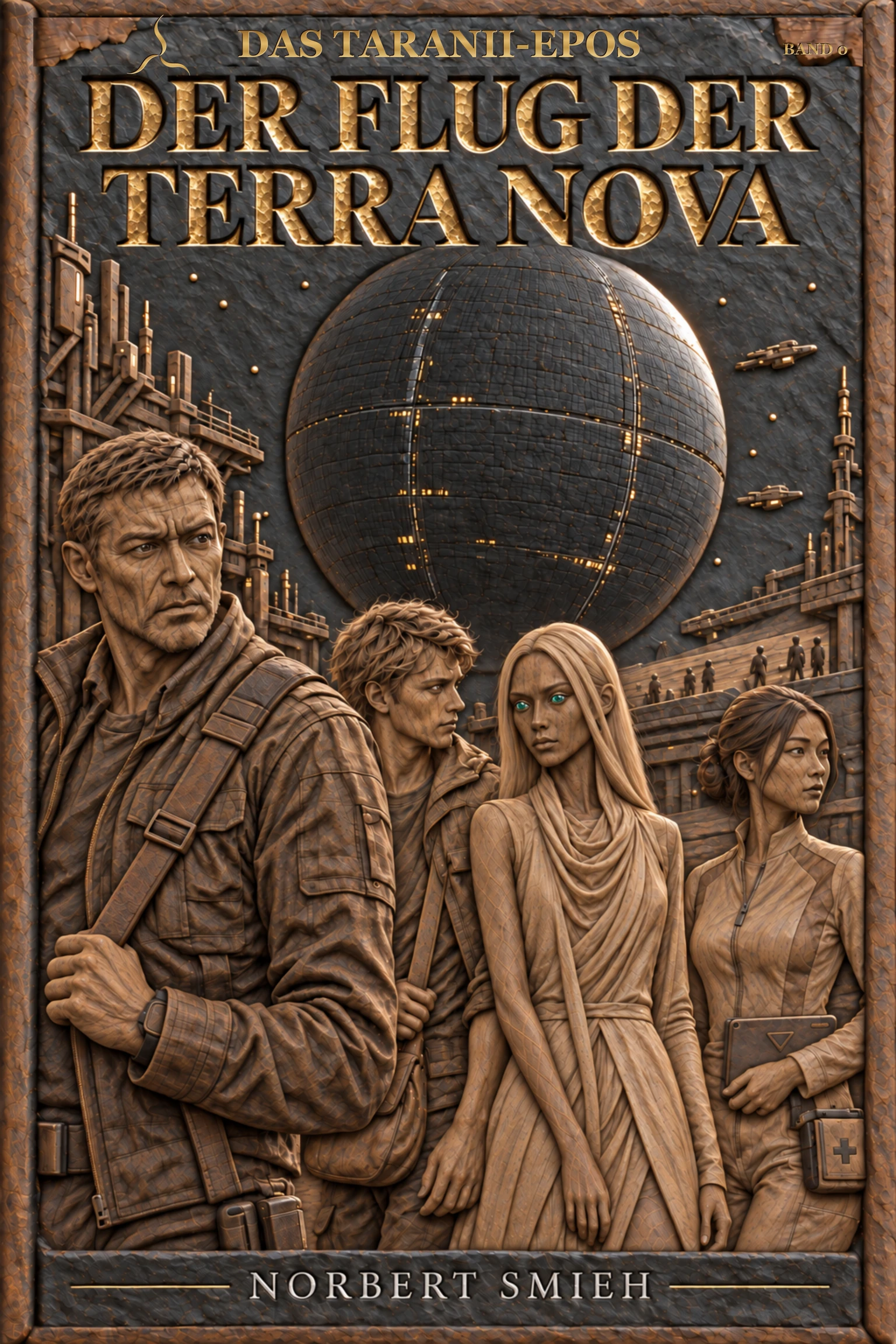 Der Flug der Terra Nova – M4-Cover in dunklem Holzrelief mit metallischen Schriftzügen