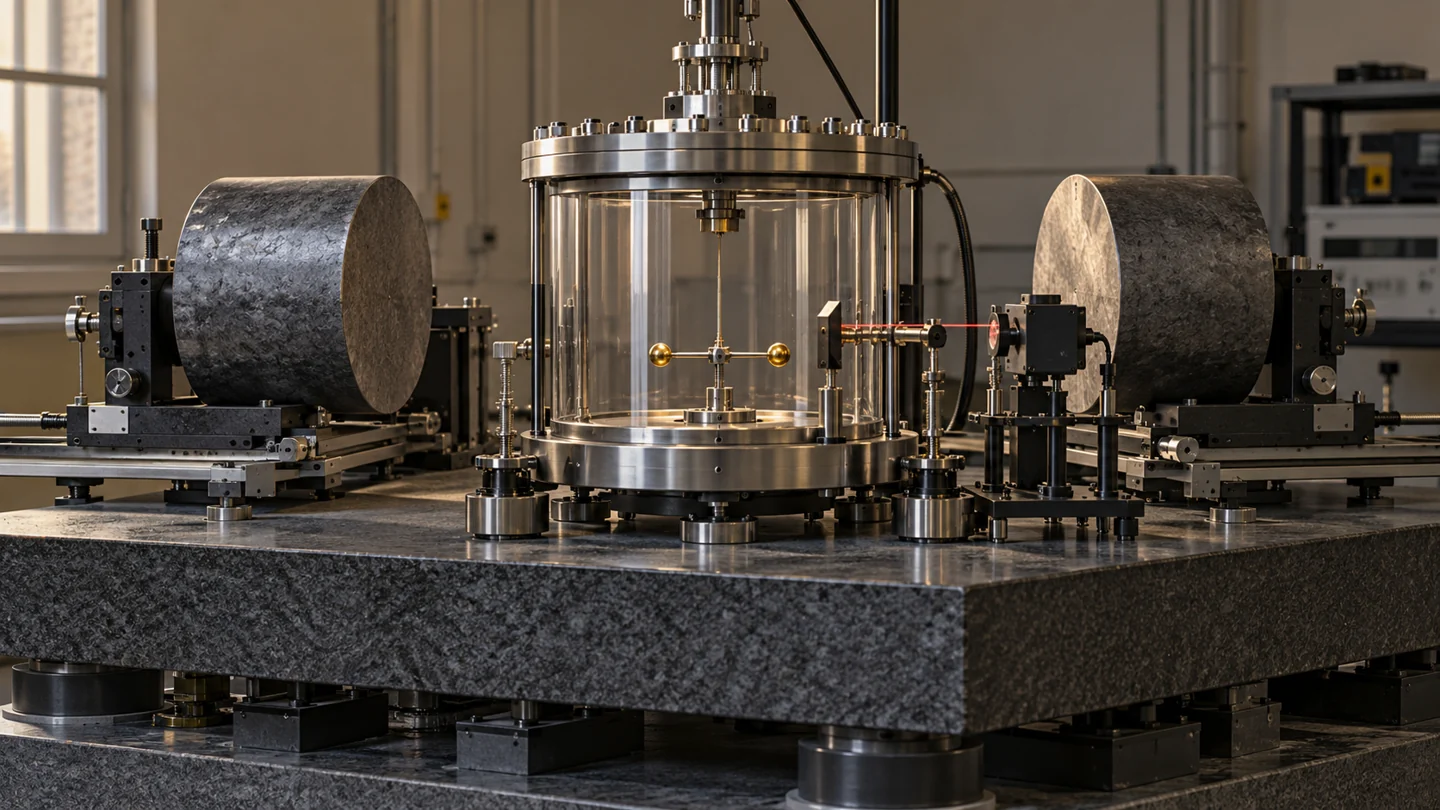 Rekonstruierte Torsionswaage mit Vakuumkammer, kleinen Testmassen und äußeren Quellmassen auf einem massiven Labortisch.