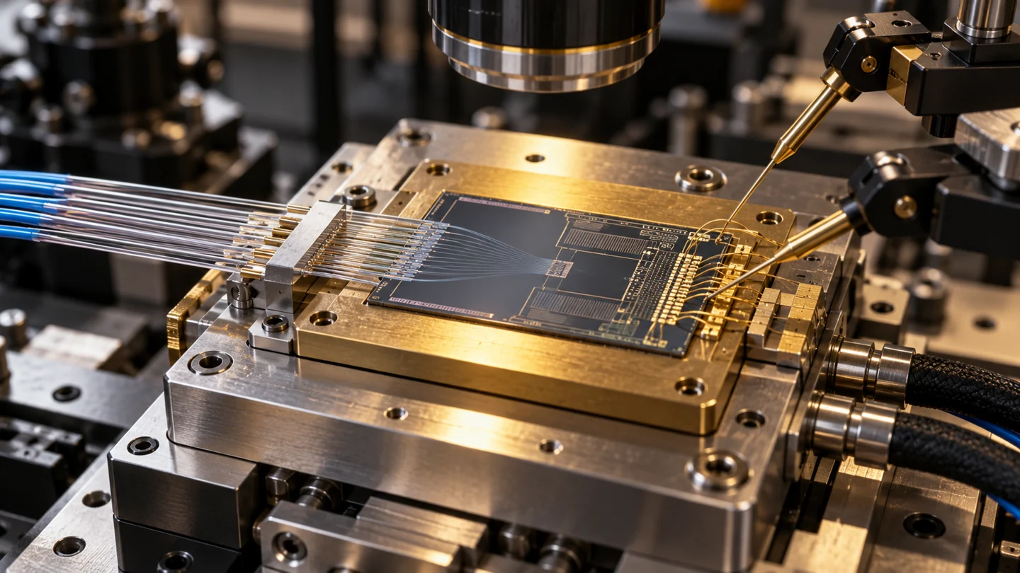 Rekonstruierte Nahansicht eines photonischen Testchips mit Glasfaserankopplung, Kontaktleitungen und temperaturgeregelter Halterung.