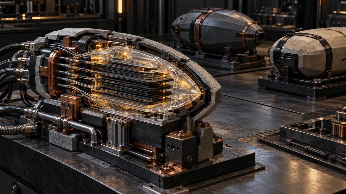 Konzept eines geschichteten mandelförmigen Lichtmatrix-Kerns mit optischen Anschlüssen, Schutzgehäuse, Kühlwegen und zwei getrennten Reservegehäusen.