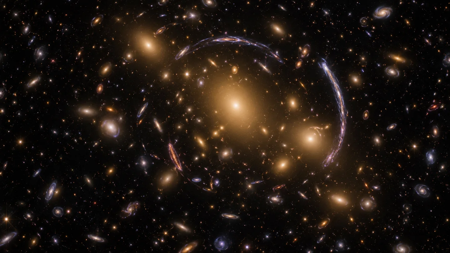 Synthetischer astronomischer Blick auf einen Galaxienhaufen mit hellen elliptischen Galaxien und gekrümmten Lichtbögen.