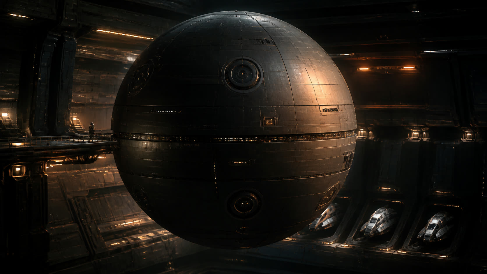 Terra A und Nova A · gemeinsame 70-Meter-Klassenstudie im geschlossenen Hangar; keine individuelle Identifizierung eines Schwesterschiffs.