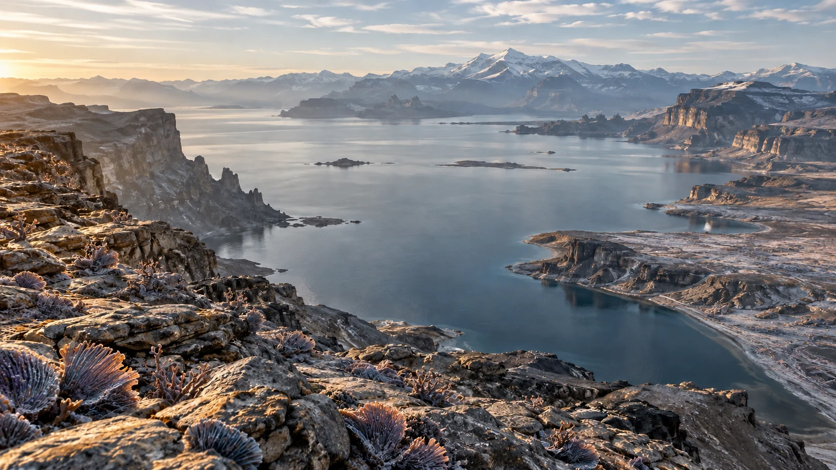 Kühle außerirdische Küstenlandschaft auf Asteron II: weite Hochplateaus, ein Binnenmeer und niedrige violettgraue Fächerformen auf verwittertem Fels.