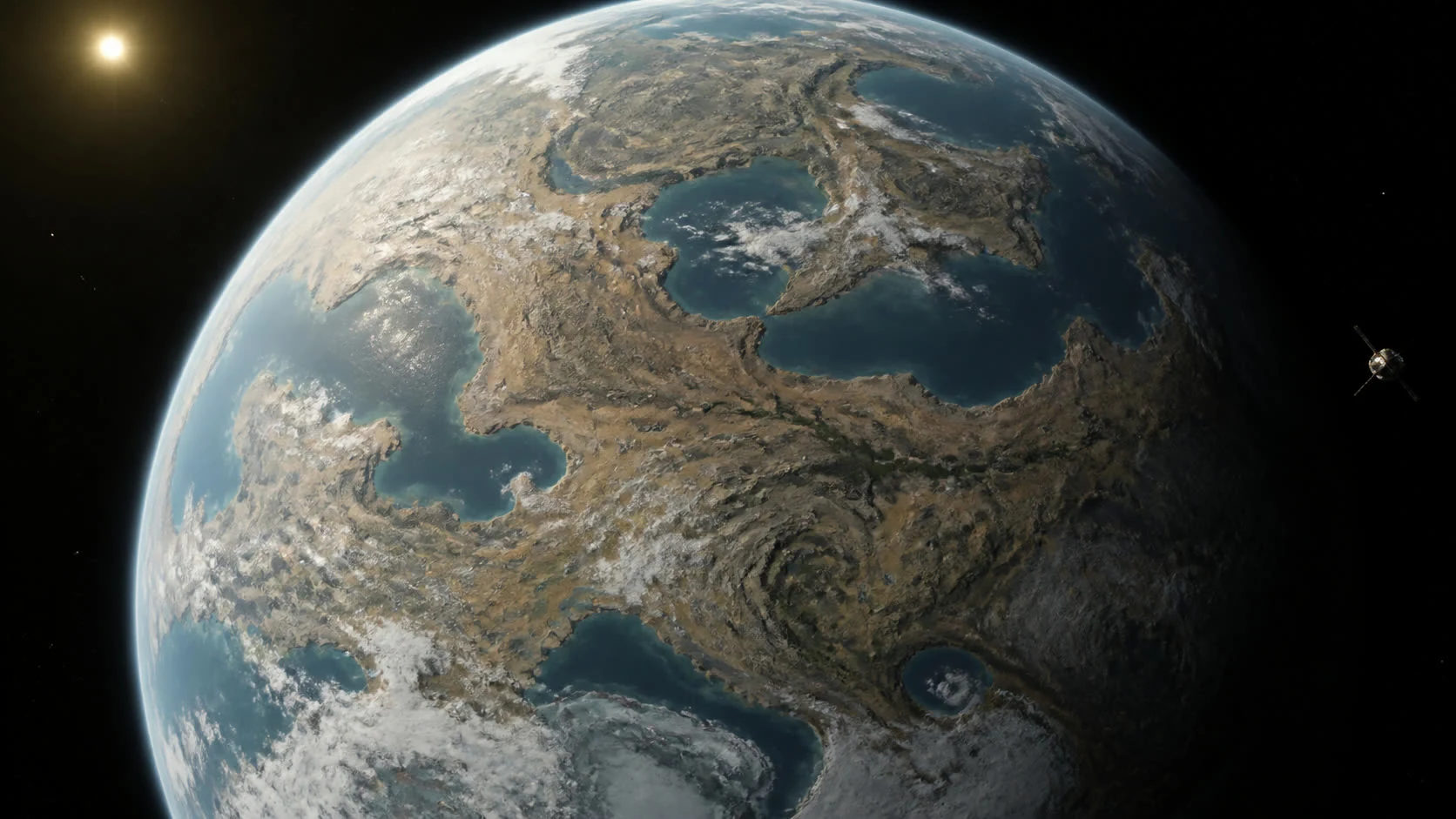 Asteron II aus dem Orbit: trockene Kontinente, blaue Meere und helle Wolken über dem geplanten Kolonieplaneten.