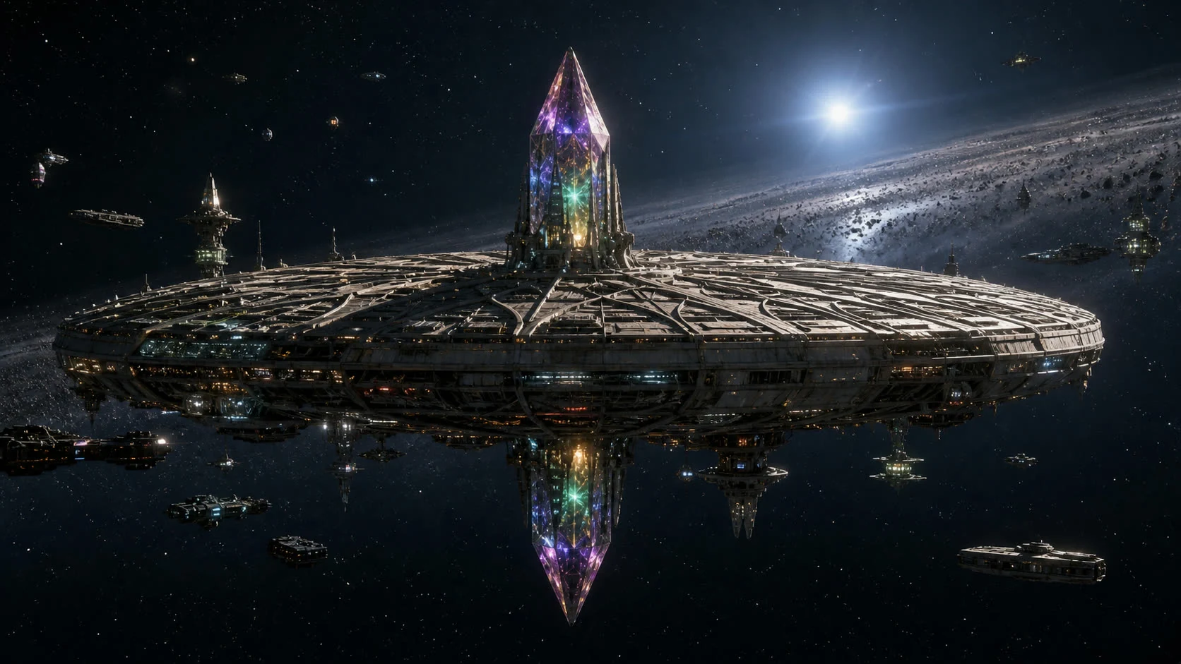 Atulias gewaltige Scheibenstation mit durchgehendem farbigem Kristallkern im Vega-System.