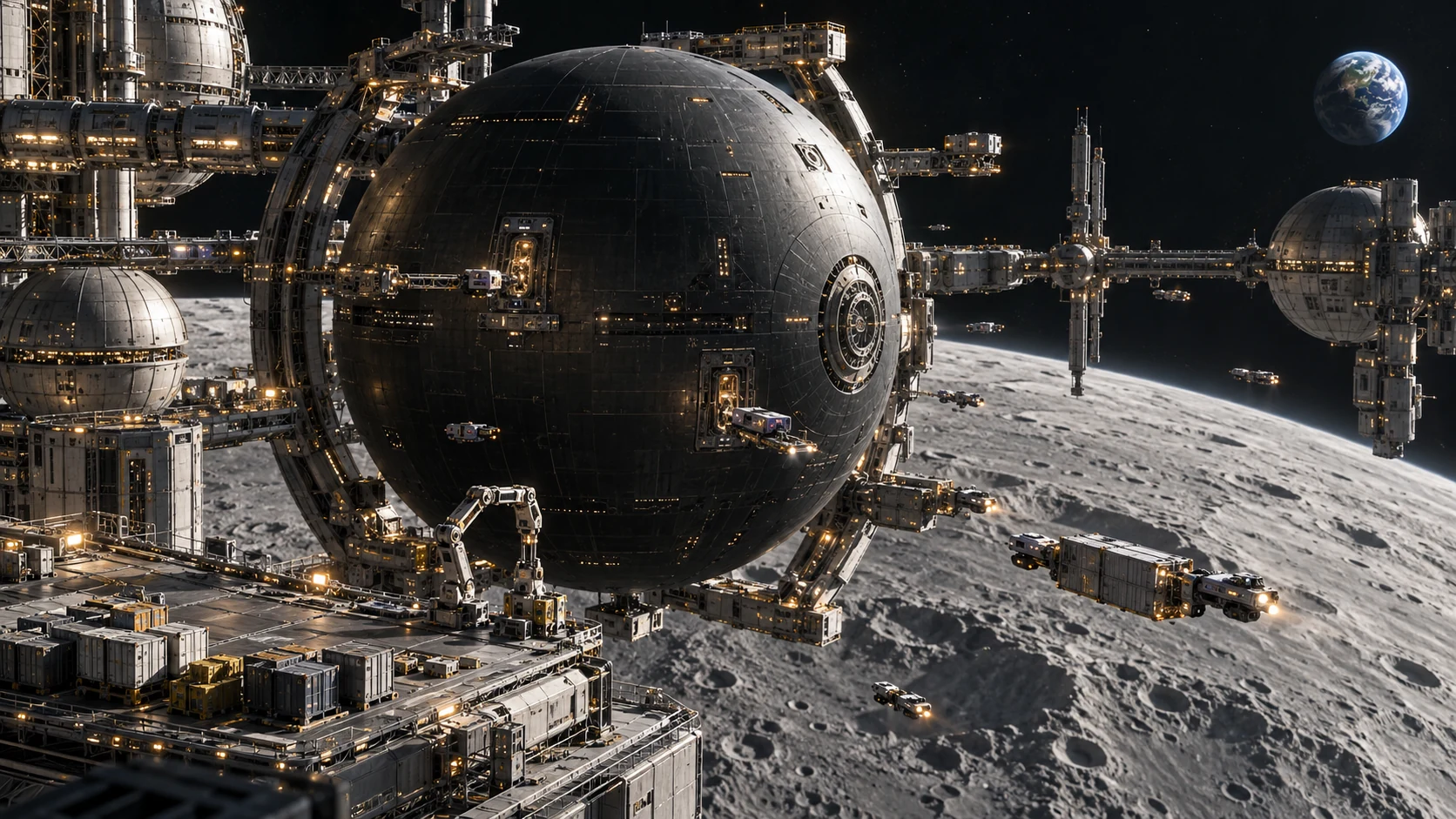 Die dunkle kugelförmige Terra Nova in einem getrennten Wartungsrahmen über Luna, mit Frachtdocks und Erde im Hintergrund.