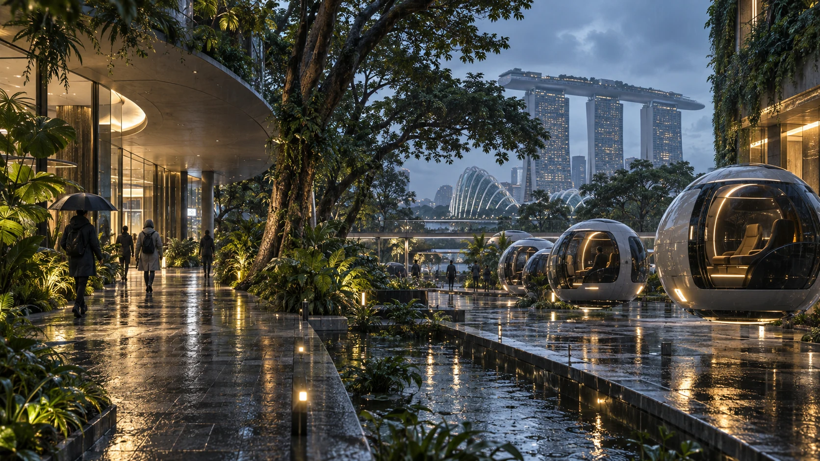 Regennasses Singapur mit alten Bäumen, begrünten Wegen und kugelförmigen Personentransportern.