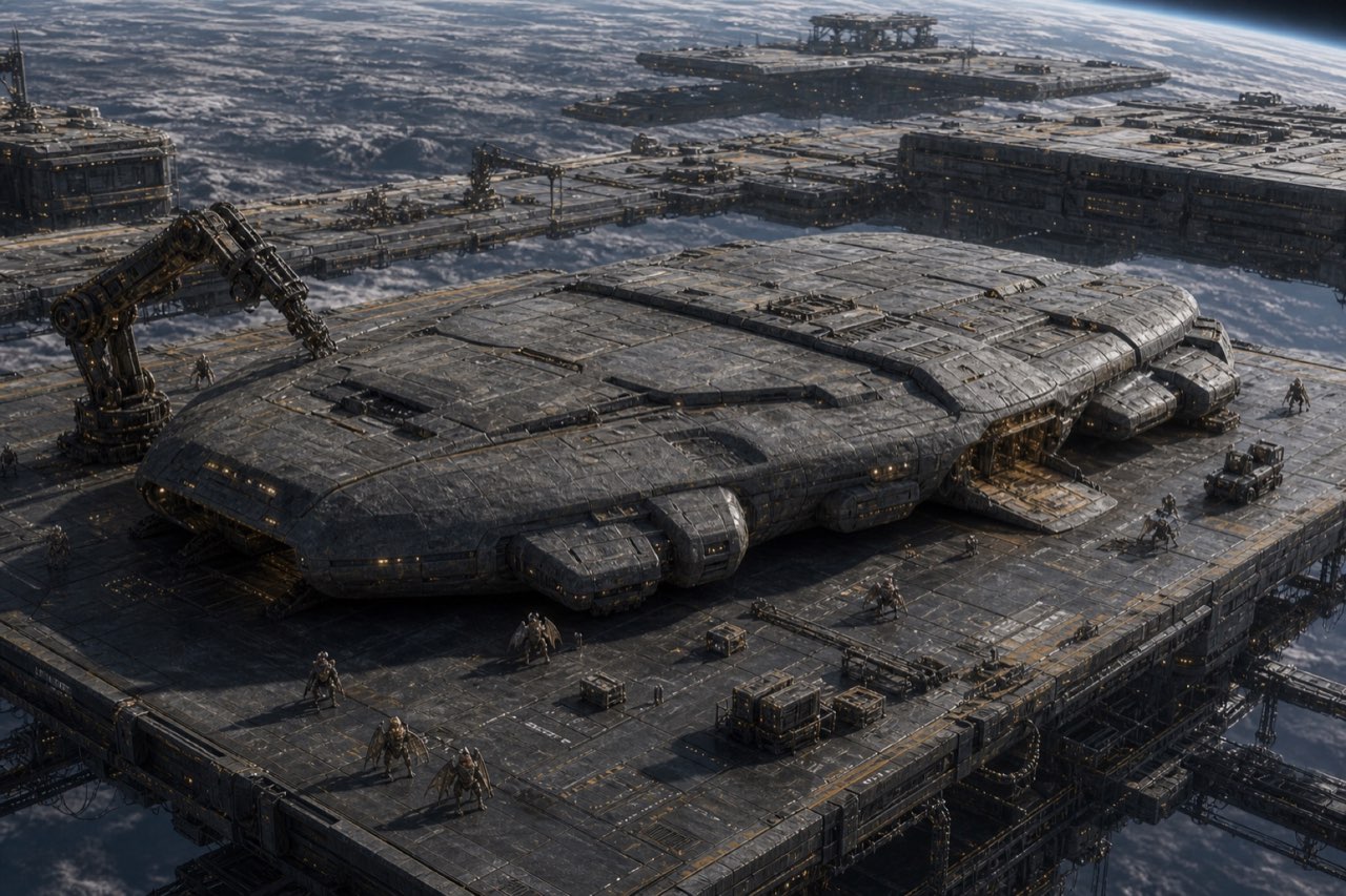 Goliari-Flachschiff: breite schwere Module mit niedrigem Schwerpunkt im Werftbetrieb.