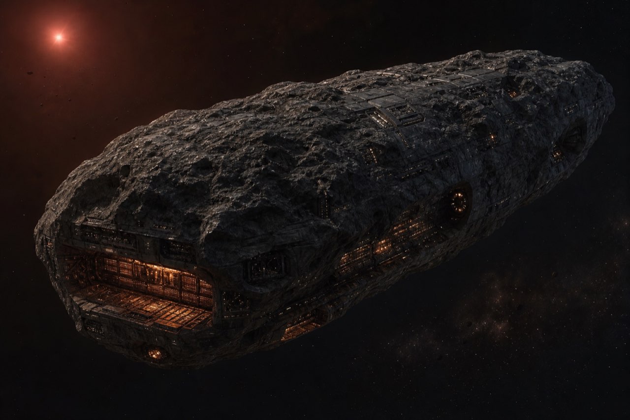 Kra’thu-Rechenschiff: ein länglicher ausgehöhlter Asteroid mit geschütztem technischem Kern.