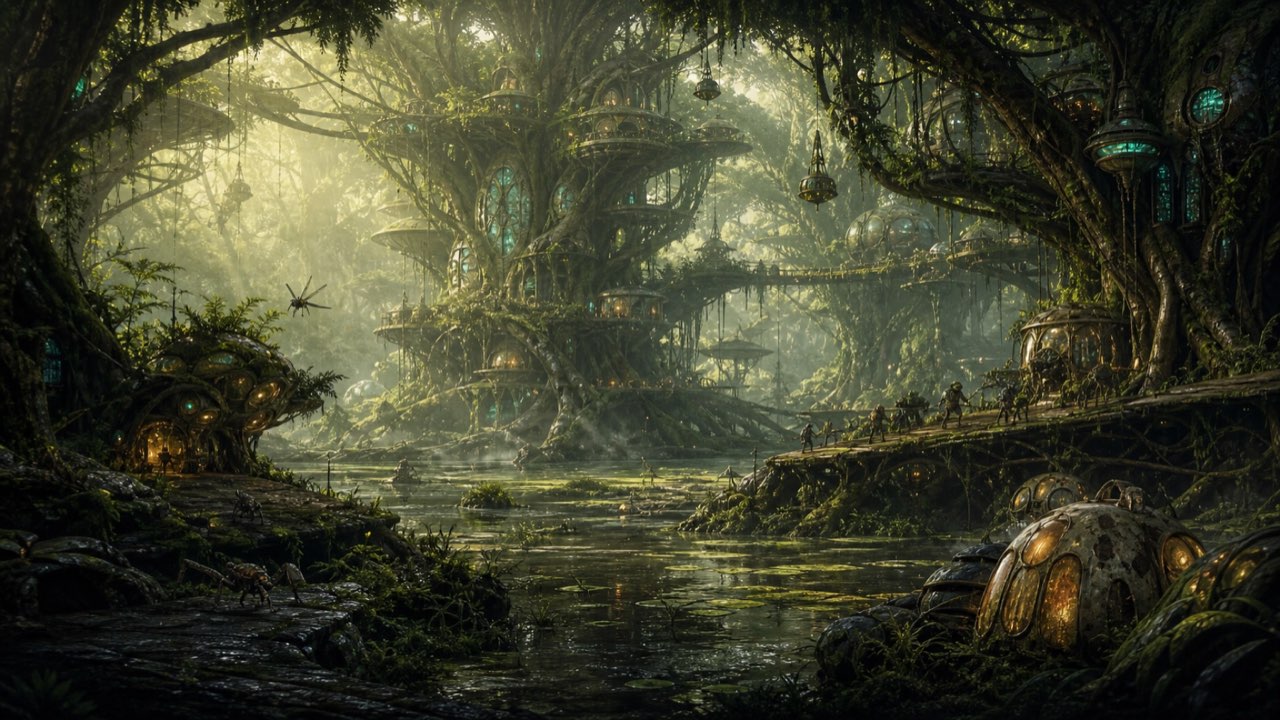 Noq-Varim: feuchte Waldschichten, lebende Brücken und in die Vegetation eingebaute Siedlungen.