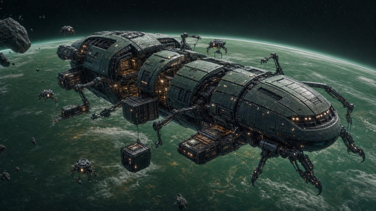 Noquar-Werkstattschiff: segmentierte Module, Außenarme, Dockklauen und Wartungsdrohnen.