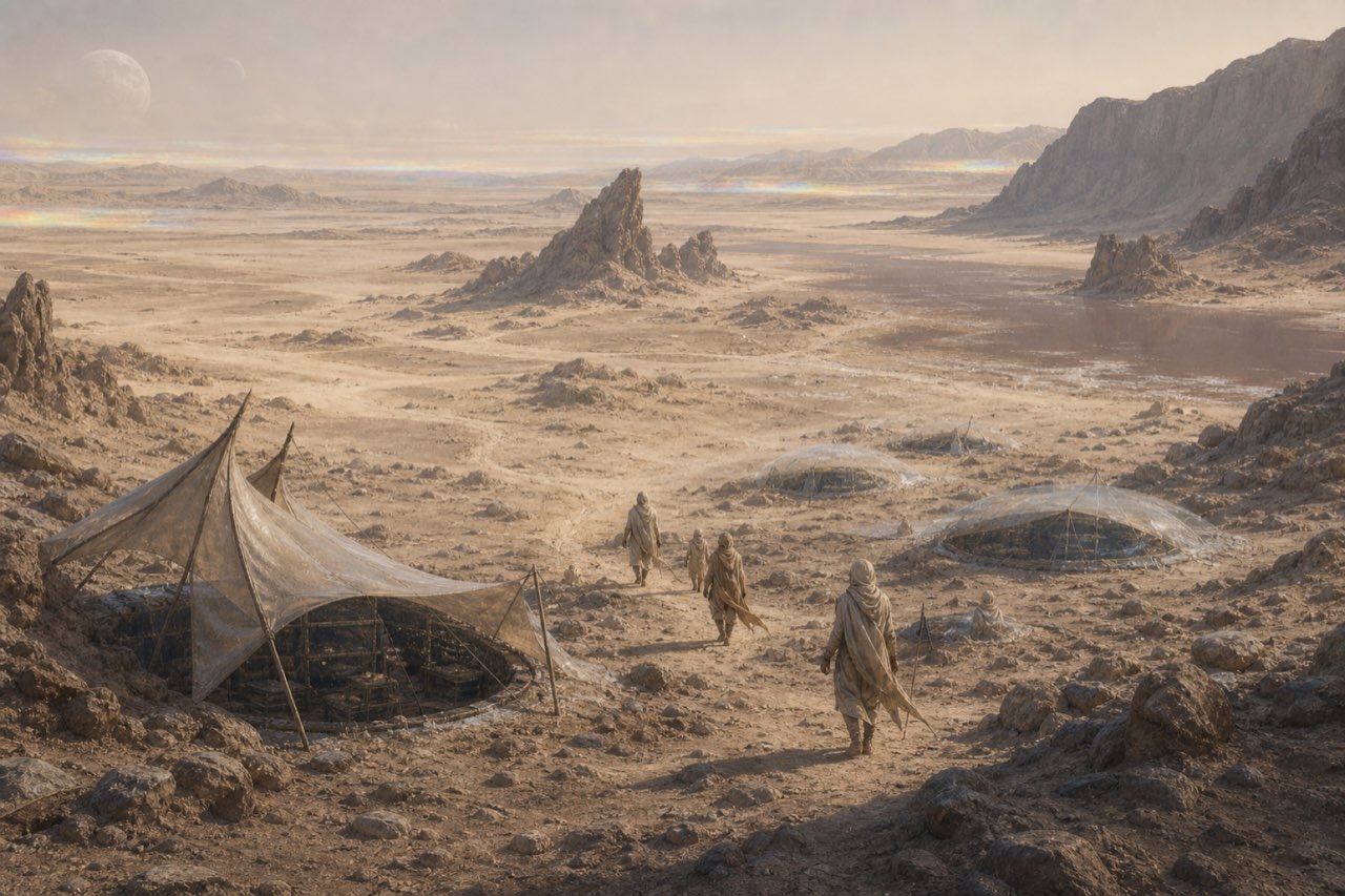 Caelara: eine trockene alte Wüstenwelt mit sparsamen Lagern und wenig Vegetation.