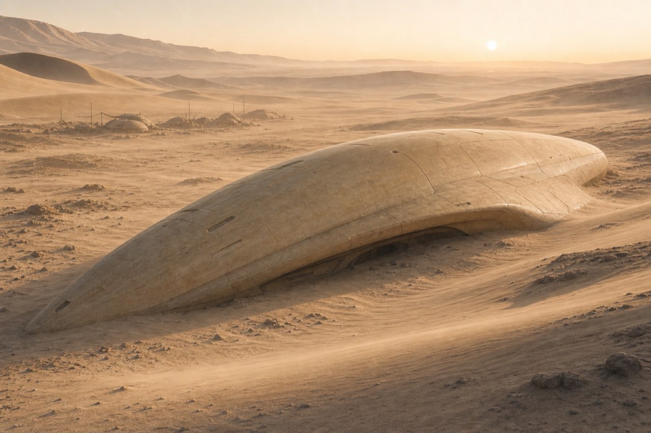 Sereni-Dünenraumer: matte sandfarbene Hülle, flach in die Dünenform eingebettet.
