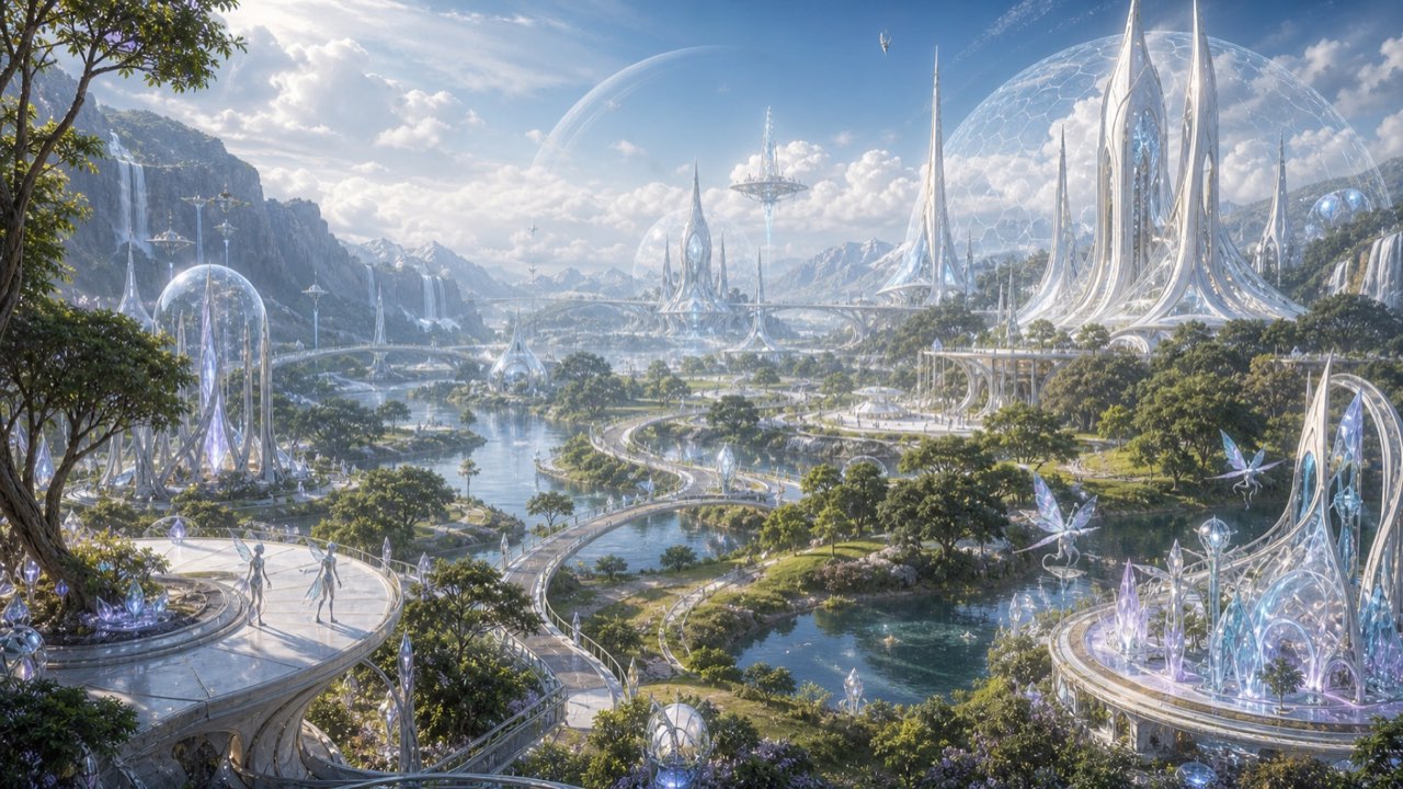 Veyra: gepflegte Wälder, Wasserflächen und kristalline Resonanzräume verbinden Umwelt und Biotechnik.