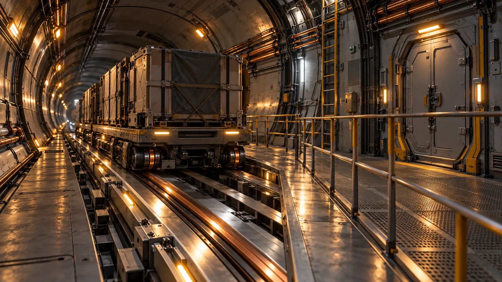 Wege, Bahnen und Notzugänge · Frachttransport auf einer Magnetschiene mit getrenntem Fußweg und Notleiter · lokaler Infrastrukturentwurf, keine zweite Persokugel-Tafel. Genaue Bauform und Szenengestaltung bleiben Entwurf.
