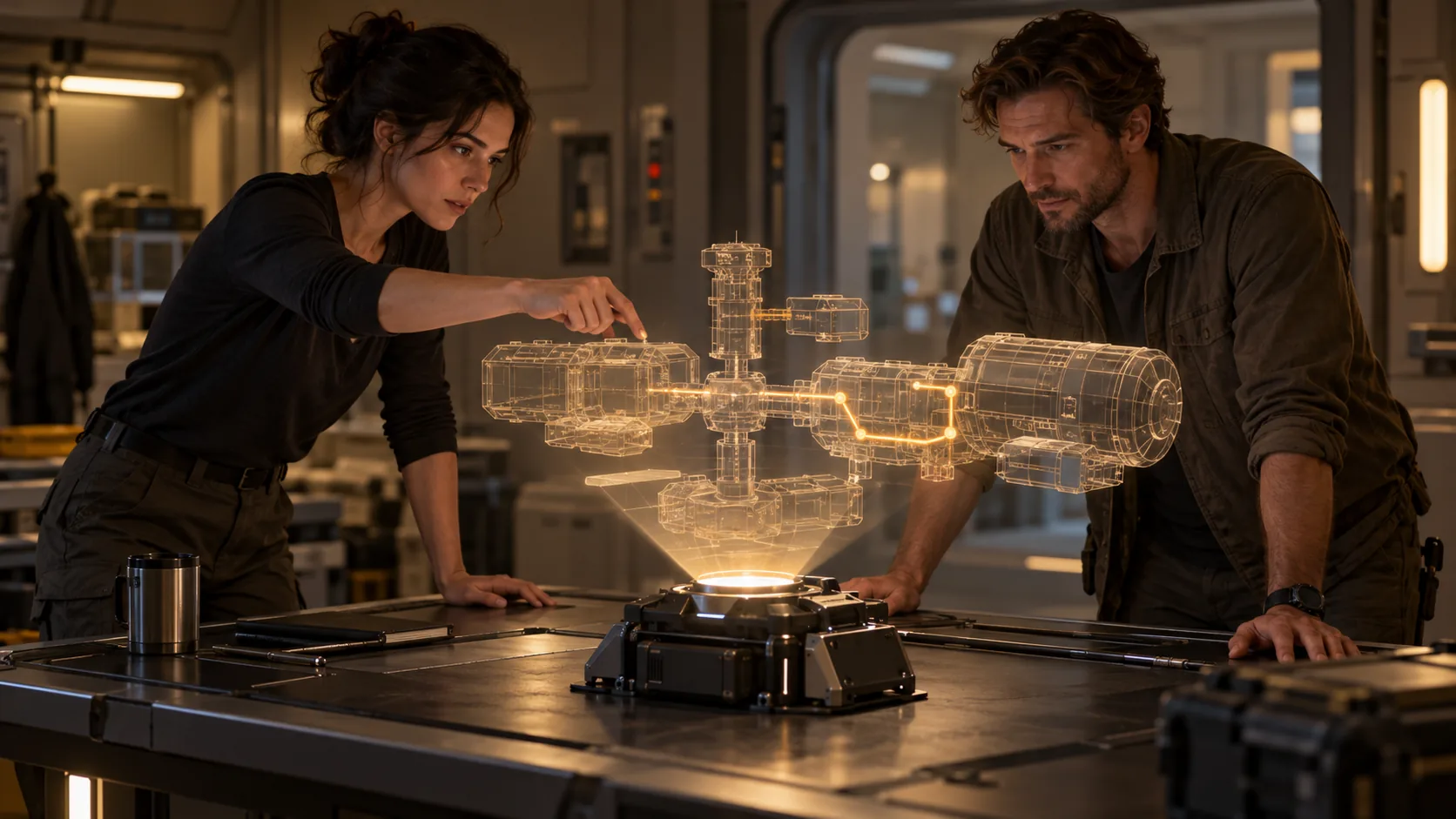 Hologramme und Projektionsfelder · Gemeinsame Arbeit an einer räumlichen Projektion über einem physischen Tischprojektor · schematisches Servicemodul, kein benanntes Schiff und keine neue Terra-Nova-Geometrie. Genaue Bauform und Szenengestaltung bleiben Entwurf.
