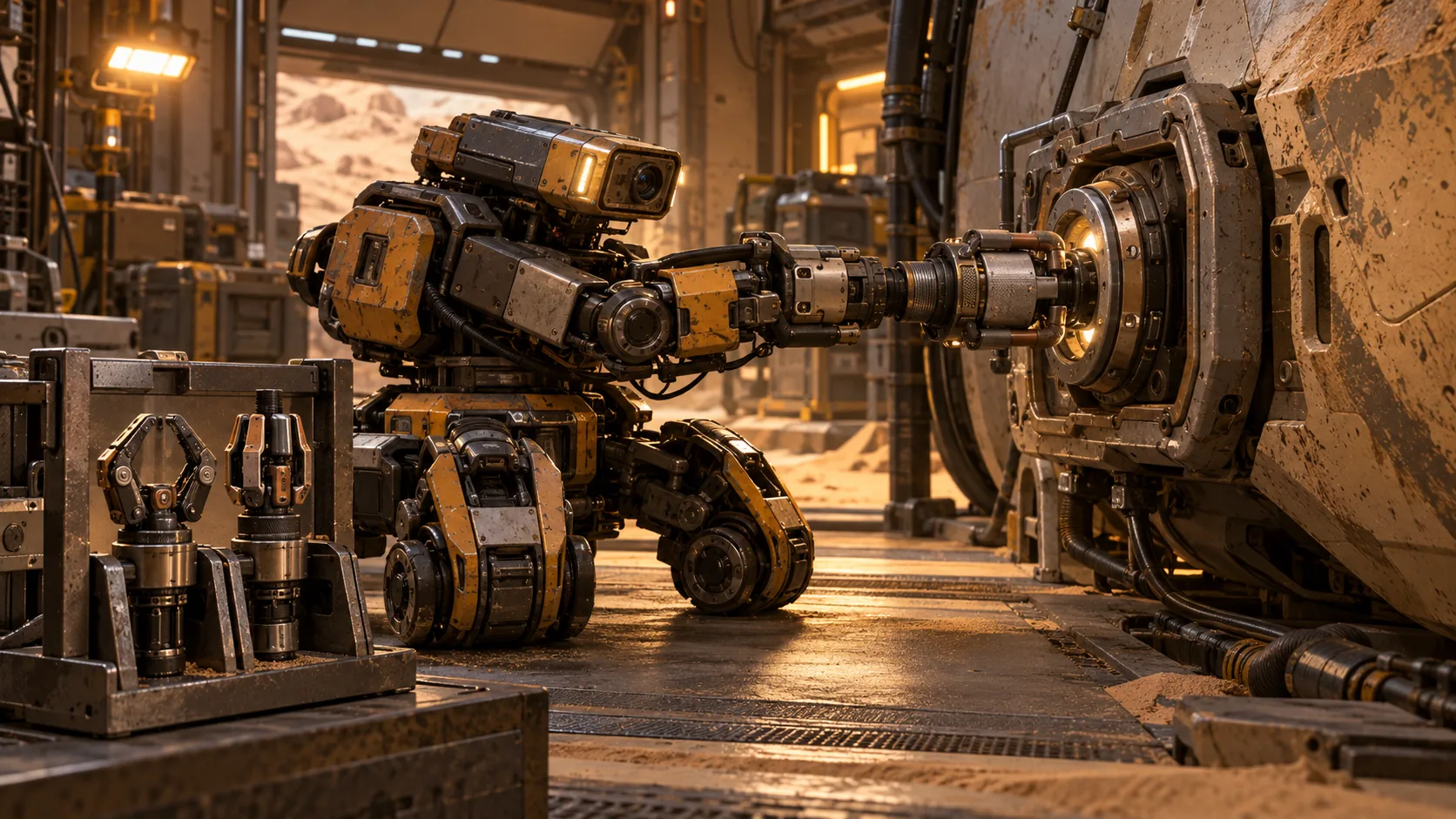 Mehrspezies-Robotik und Cybernetik · Serviceautomat mit anpassbarer Zugangshöhe und getrennten Werkzeugkopplungen · Geräteentwurf für unterschiedliche Schnittstellen; keine neue Speziesanatomie oder Roboteridentität. Genaue Bauform und Szenengestaltung bleiben Entwurf.