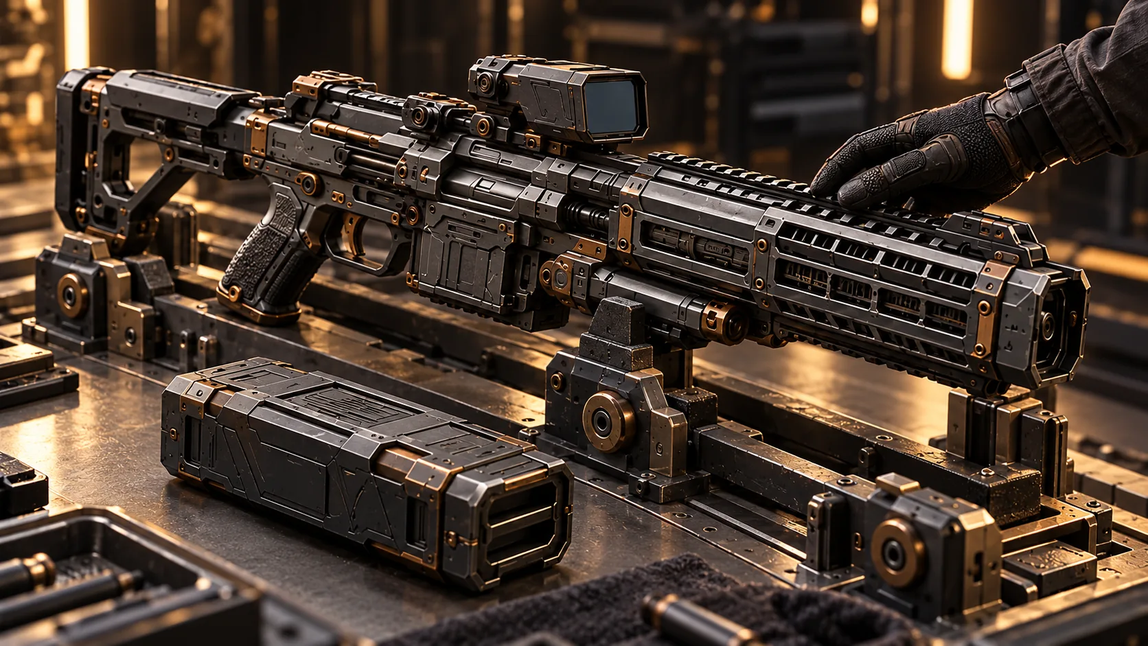 Multitaktik-Waffen · Multitaktik-Gewehr mit getrenntem Betriebsmasse-Zufuhrgehäuse · geschlossene äußere Bauform, keine feste Schusszahl oder neue Betriebsart. Genaue Bauform und Szenengestaltung bleiben Entwurf.