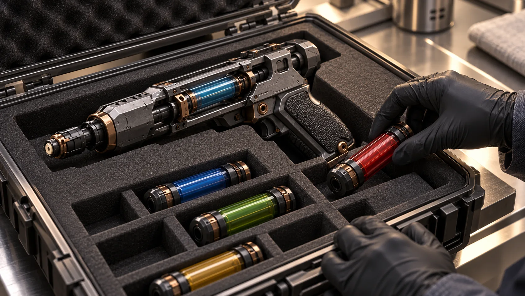 Nadler · Nadler im gesicherten Servicekoffer mit getrennten Wirkstoffkassetten · Farben sind Gestaltungsentwurf, keine universelle Wirkstoffzuordnung. Genaue Bauform und Szenengestaltung bleiben Entwurf.