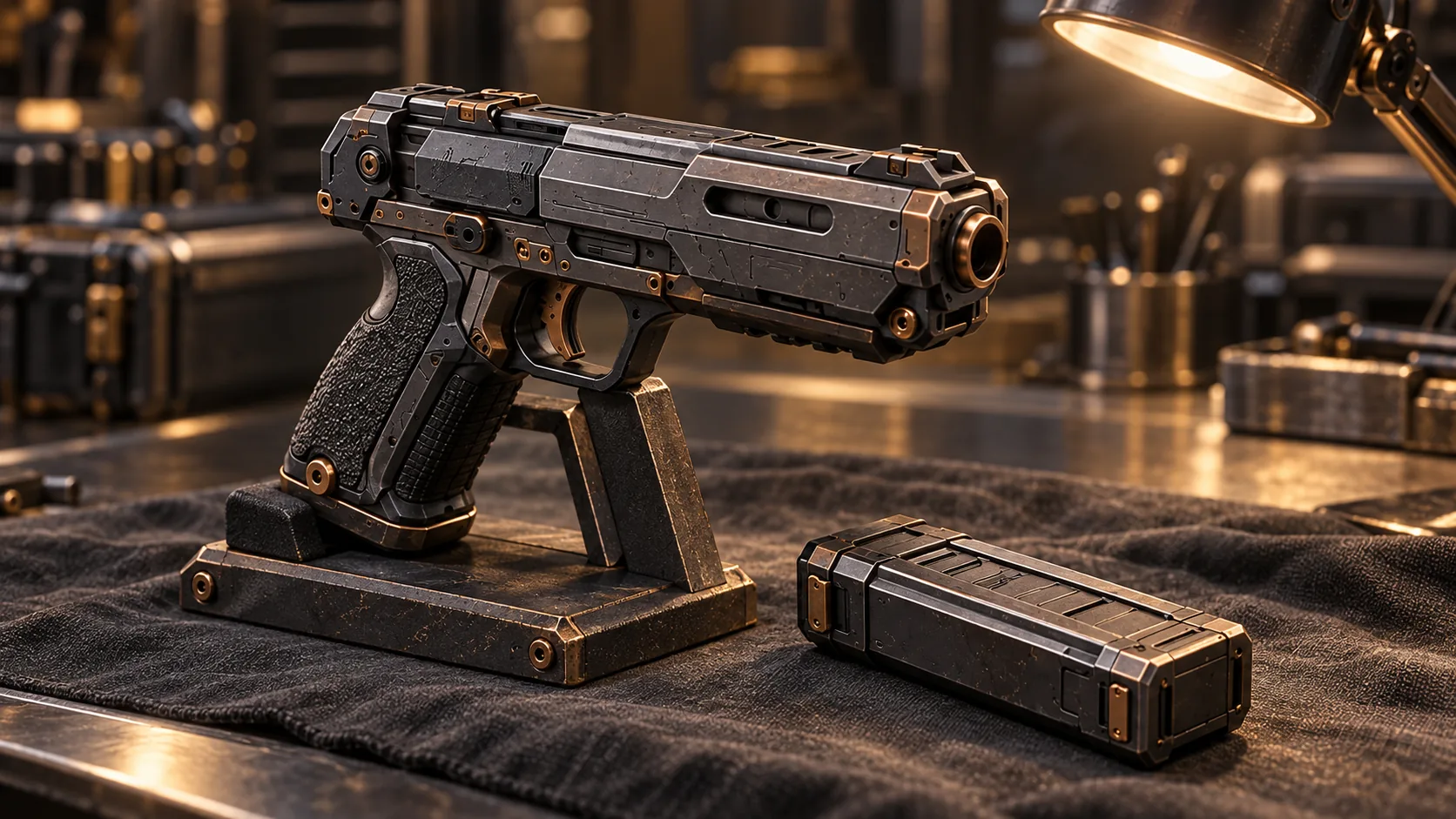 Projektilwaffen · Projektilpistole mit getrenntem Magazin im Prüfstand · äußere Formstudie; keine Festlegung des inneren Antriebsprinzips. Genaue Bauform und Szenengestaltung bleiben Entwurf.
