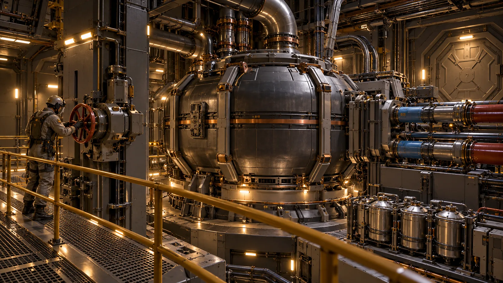 Reaktoren und Energiespeicher · Abgeschottete Reaktoranlage der intakten Terra Nova bei der manuellen Kontrolle · Ausschnitt einer verteilten Energieversorgung, keine Darstellung aller 24 Hauptreaktoren. Genaue Bauform und Szenengestaltung bleiben Entwurf.