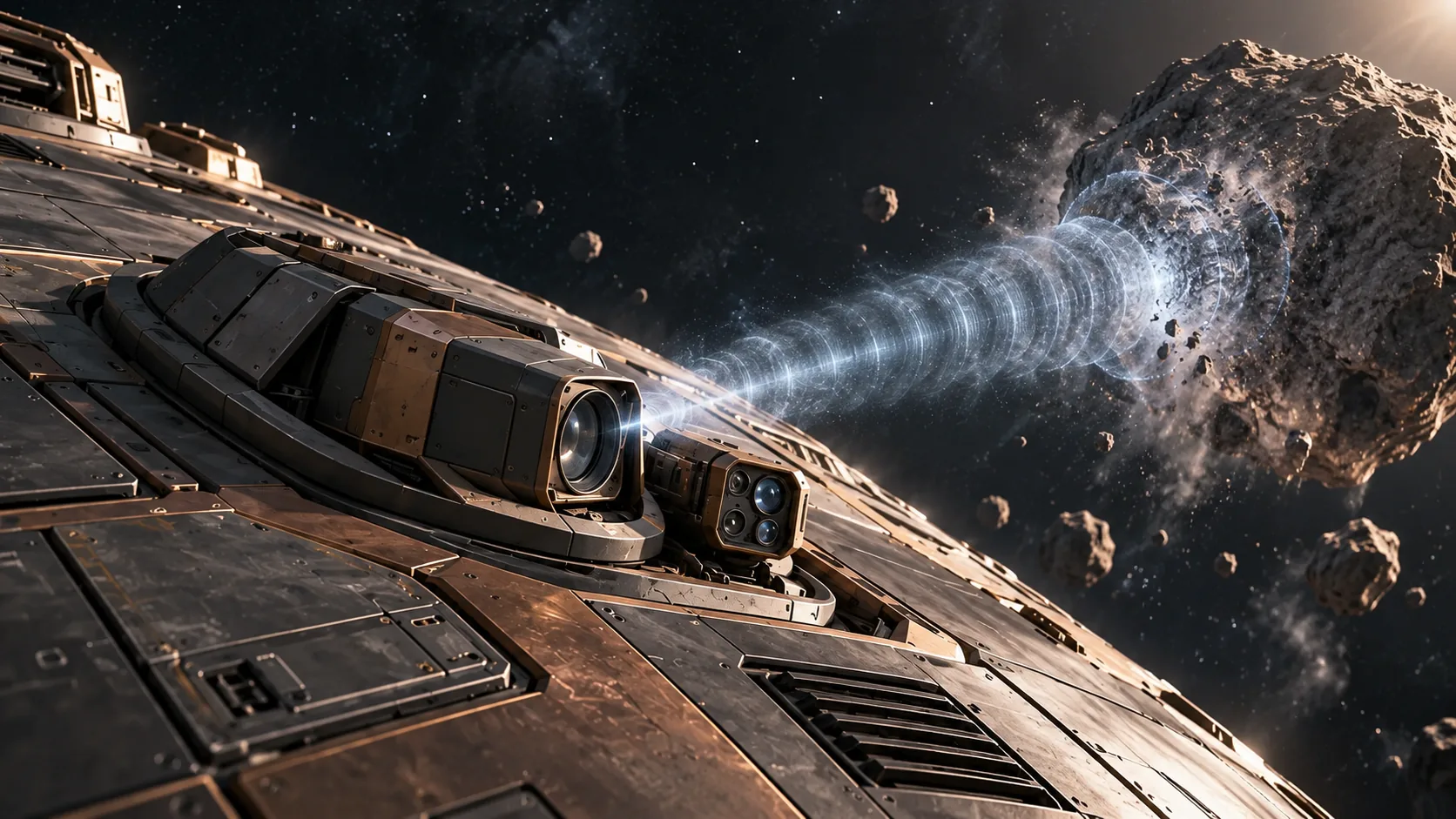 Wellenpunktstrahler · Wellenpunktstrahler mit gebundenem Ziel an einem stabilen Asteroiden · Feldlinien symbolisch; keine verlässliche Abwehr schnell wechselnder Trümmer oder Raketen. Genaue Bauform und Szenengestaltung bleiben Entwurf.
