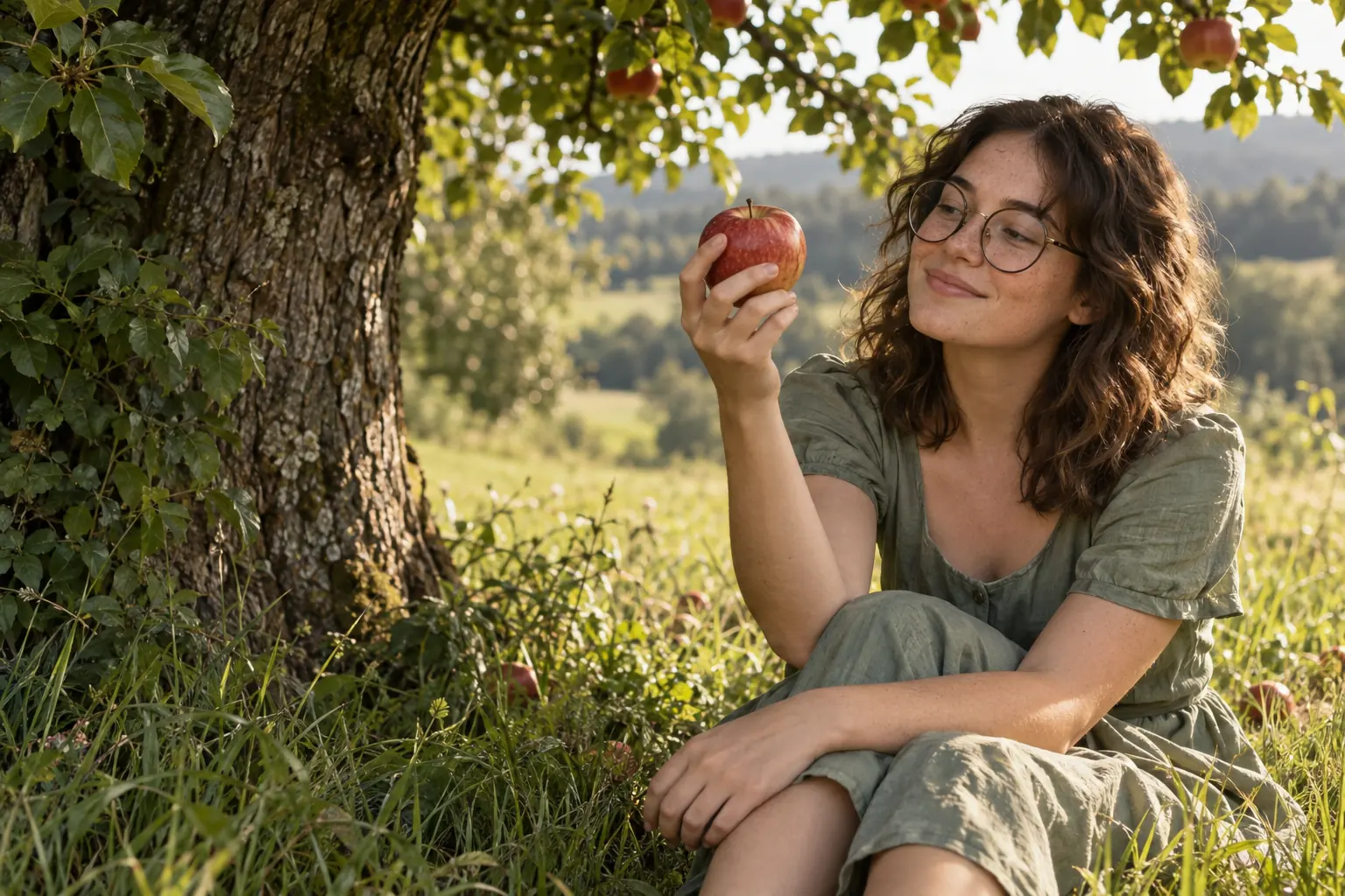 Vorhandene realistische Illustration einer Frau, die unter einem Apfelbaum einen Apfel in der Hand hält.