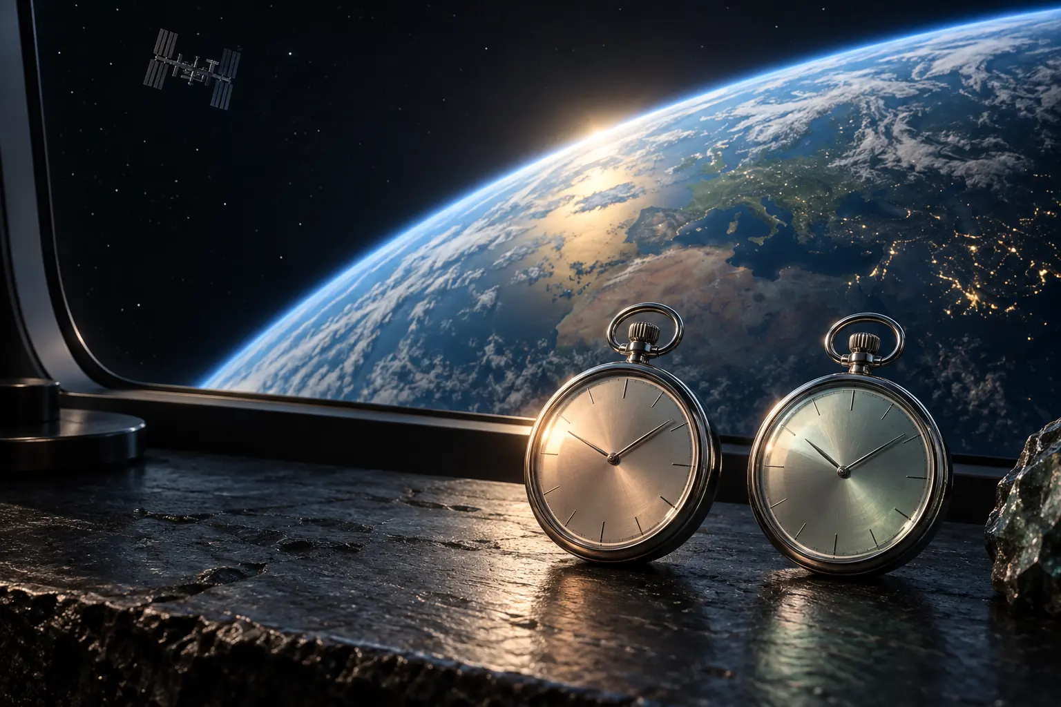 Zwei identische silberne Uhren vor dem Horizont der Erde und einem kleinen Satelliten.