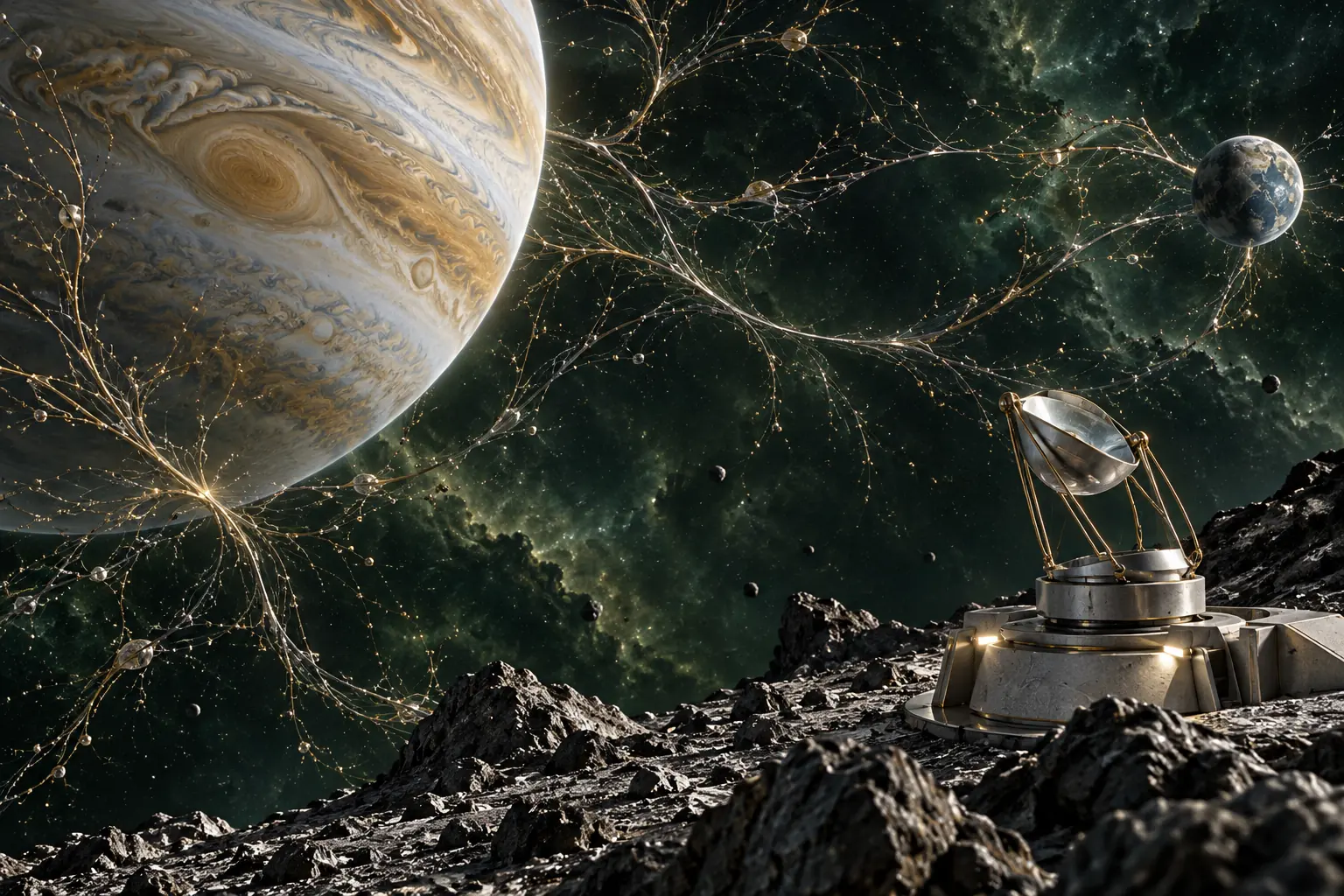 Ein technischer Leser auf einem Mond vor Gasriese und Planet; zarte Linien visualisieren gemeinsame Prägungsbeziehungen.