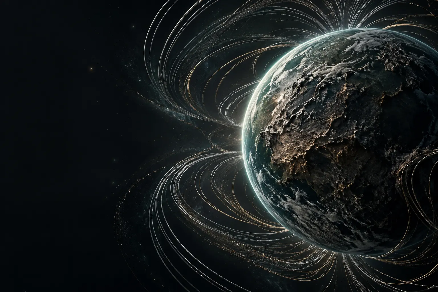 Künstlerisches Fleischer-Deutungsbild: Ein Planet umgeben von leuchtenden Strukturlinien. Keine gemessenen Gravitationsfeldlinien.