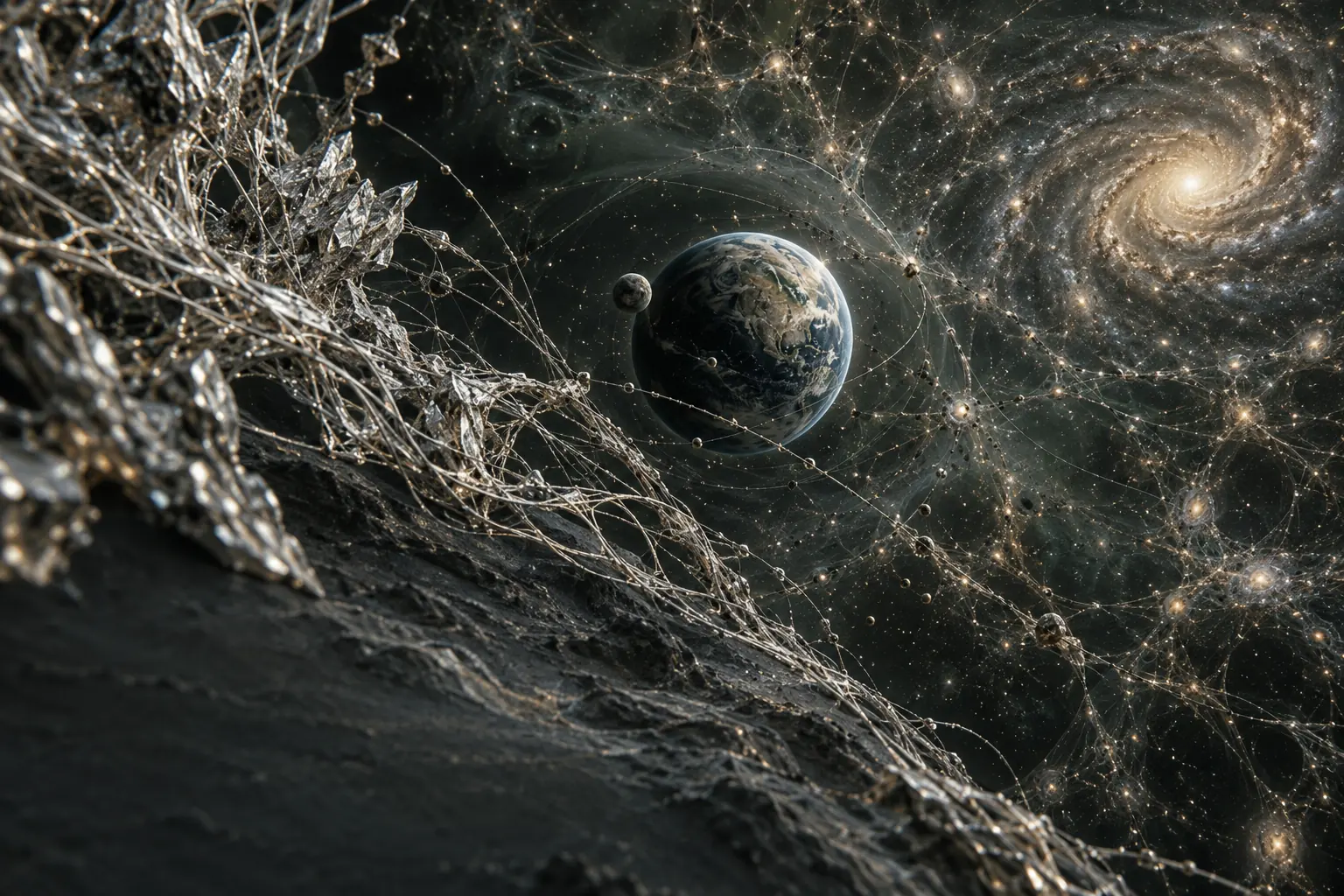 Künstlerisches Netz verbindet in einem nicht maßstäblichen Bild Planeten und Galaxien als verschiedene Modellskalen.