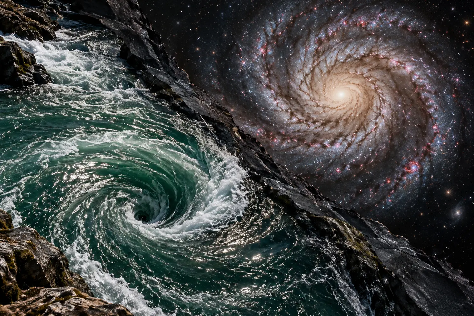 Bewusste Collage eines grünen Wasserstrudels und einer silberweißen Spiralgalaxie.