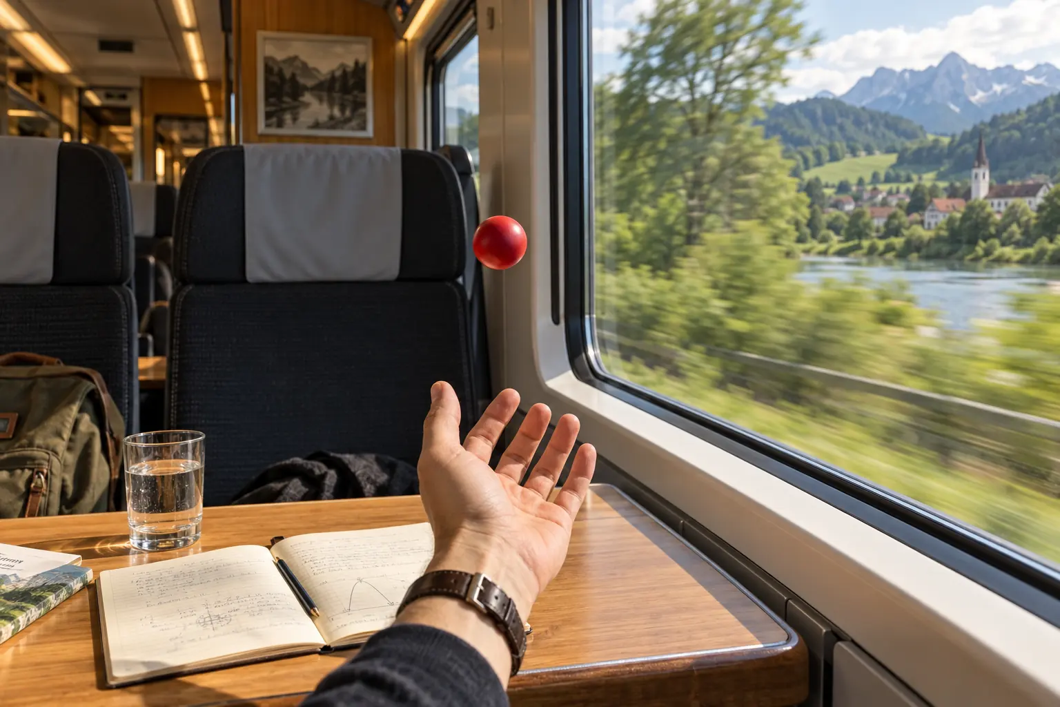 Eine Hand wirft im ruhigen Zug einen roten Ball hoch; draußen zieht die Landschaft vorbei.